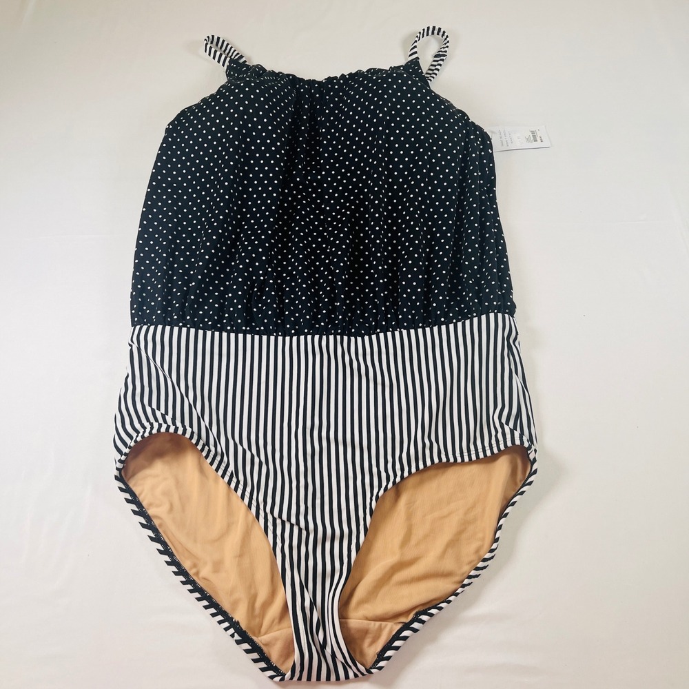 Cacique‎ Swim One Piece Swimsuit 14 Black White Polka Dot Striped High Neck